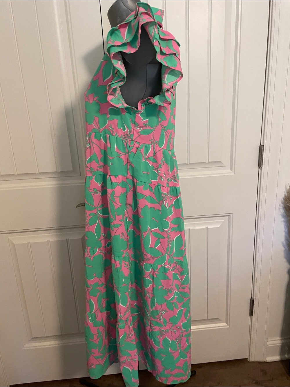 Umgee Pink & Green Floral Ruffle-Sleeve Tiered Dress - Picture 4 of 9